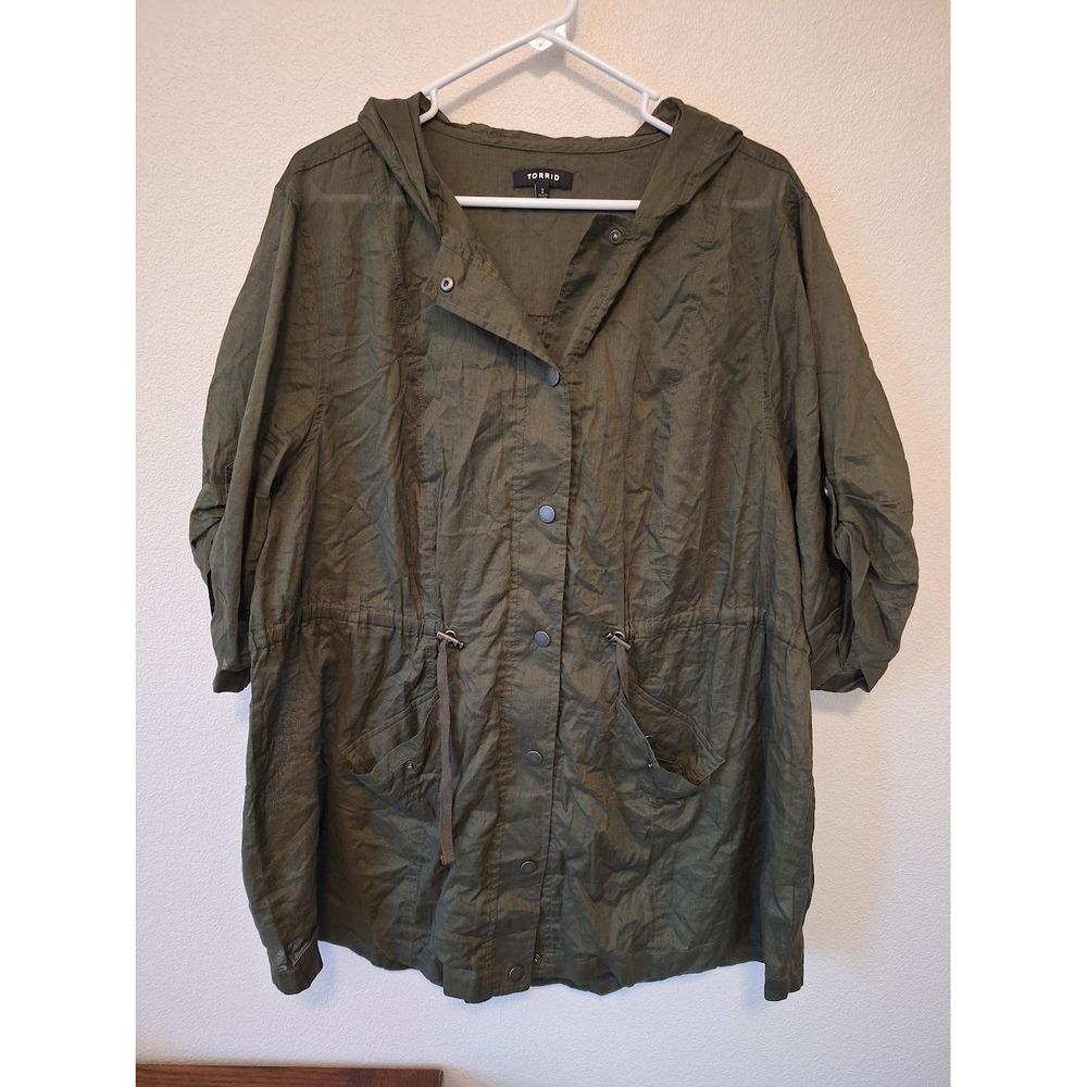 Torrid Womens 2 Plus Olive‎ Green Linen Blend Hooded Utility Anorak Jacket